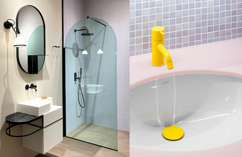 Deux salles de bains utilisant des couleurs pastels