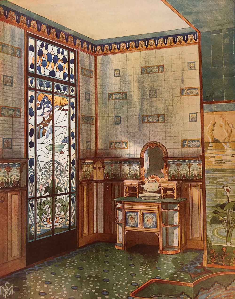 Gravure du magazine Art & Décoration illustrant la salle de bains du château Lorans d'Agde.