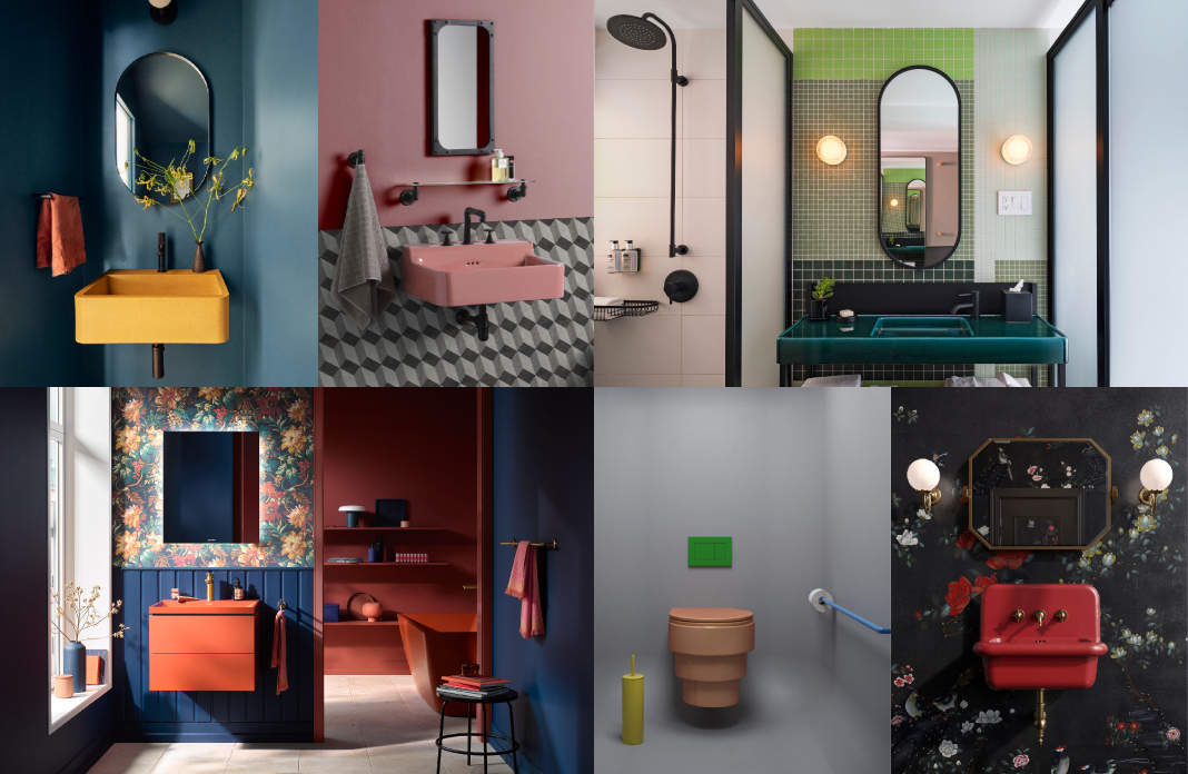 Cinq exemples de salle de bains utilisant de vraies couleurs pour sur les murs, la vasque ou le WC