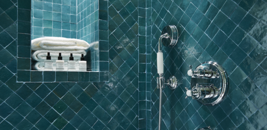 Dans une douche avec une niche, habillées de zelliges bleues.