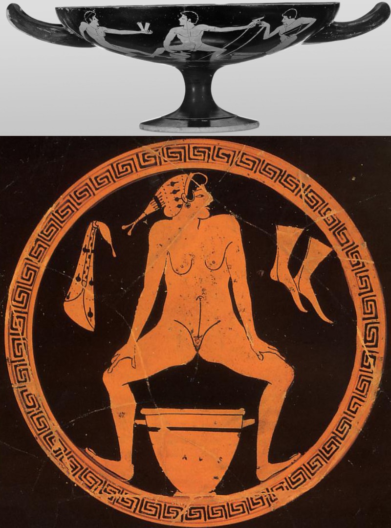 Vase antique décoré d'une femme urinant