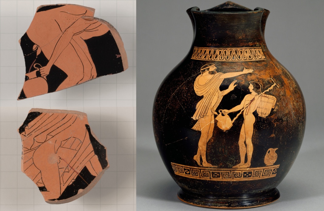 Vase antique décoré d'hommes urinant
