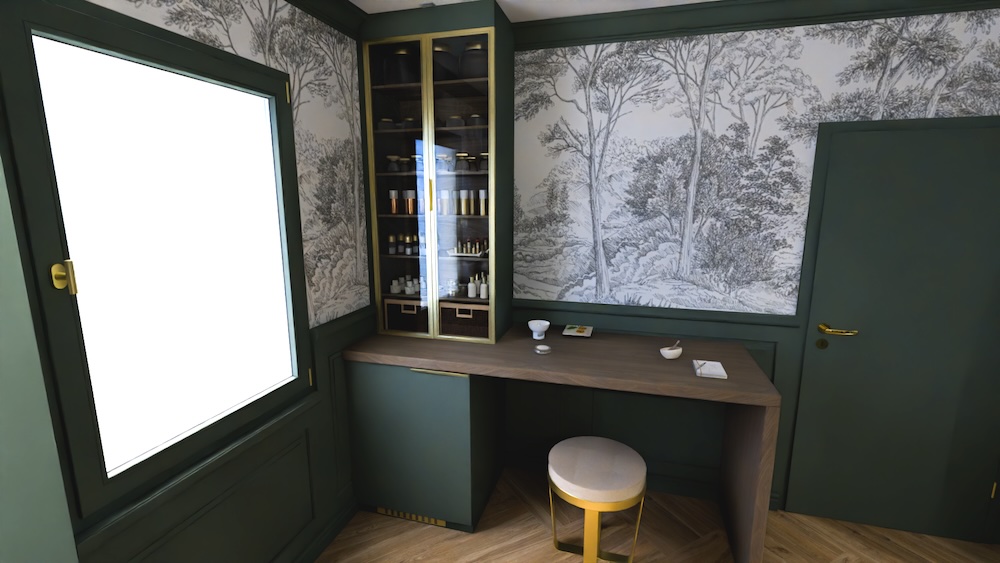Salle de bains atelier de cosmétiques, vue de la table de travail, projet premier prix, 3D Cup 2025