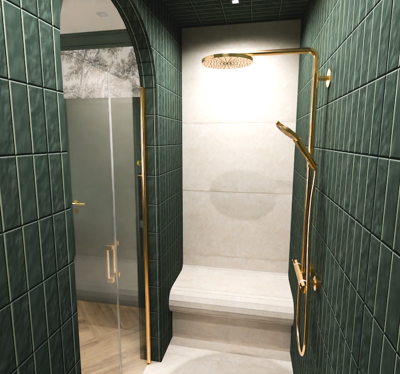 Salle de bains atelier de cosmétiques, vue de la douche, projet premier prix, 3D Cup 2025