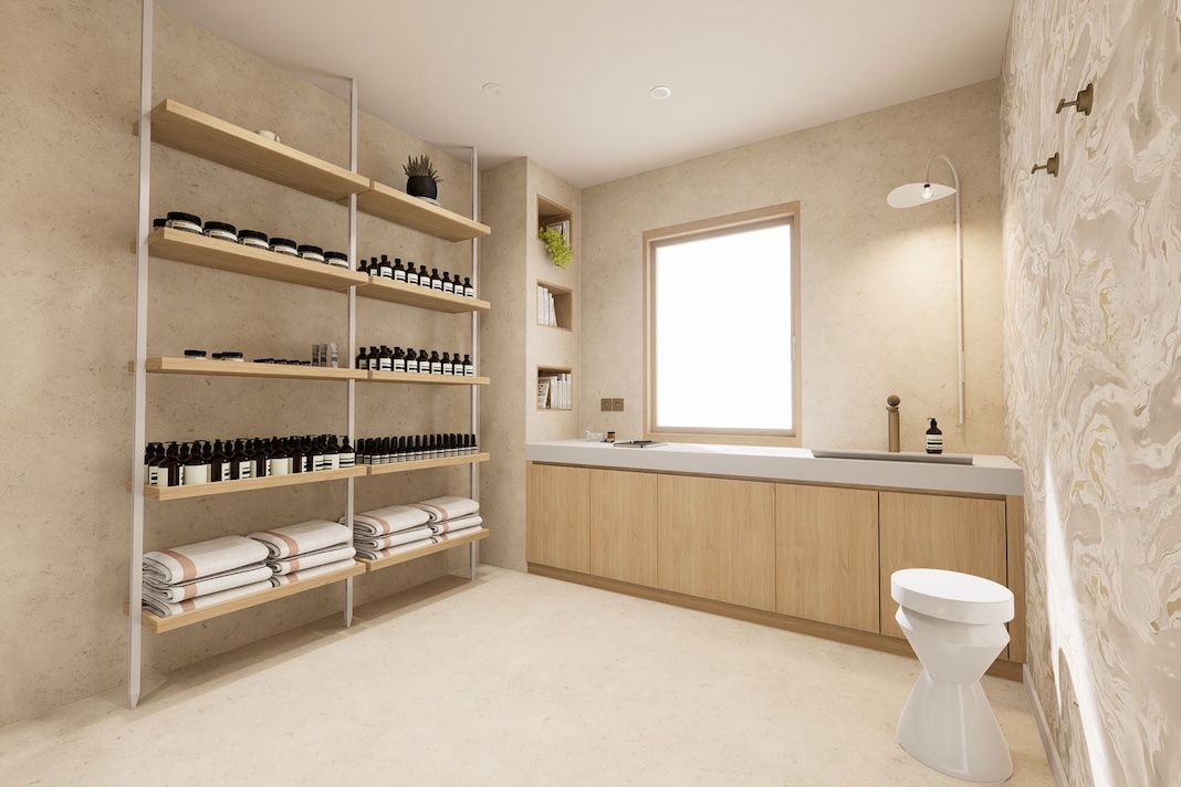 Un coin atelier de cosmétiques dans une salle de bains aux tons beiges