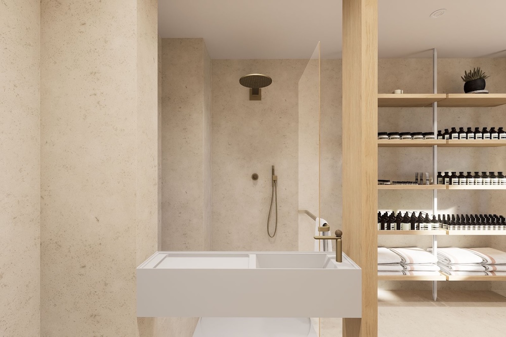 Un lavabo suspendu qui, large et étroit, délimite une douche à l'italienne (3D Cup 2025)