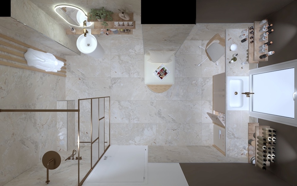 Vue de dessus d'un projet de salle de bains avec une douche à l'italienne, un lavabo totem et un coin pour fabriquer ses produits de beauté