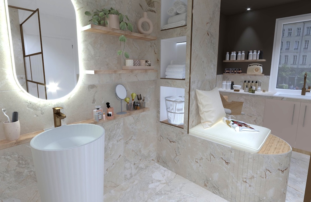 Placée en épi, une banquette sépare les deux zones d'une salle de bains habillée de tons clairs