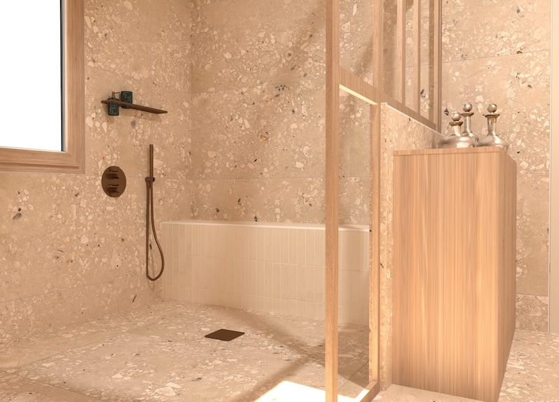 Salle de bains atelier cosmétique façon spa, la douche
