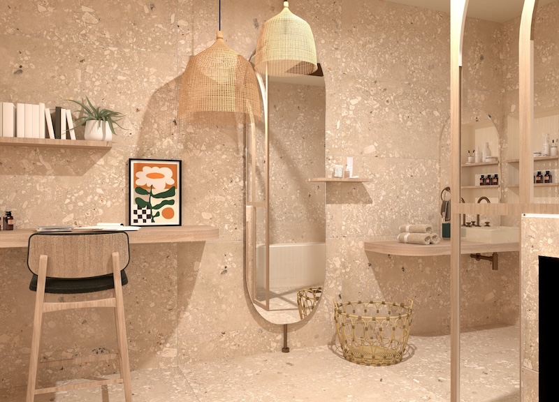 Le plan bureau et le plan-vasque d'une salle de bains atelier de cosmétiques