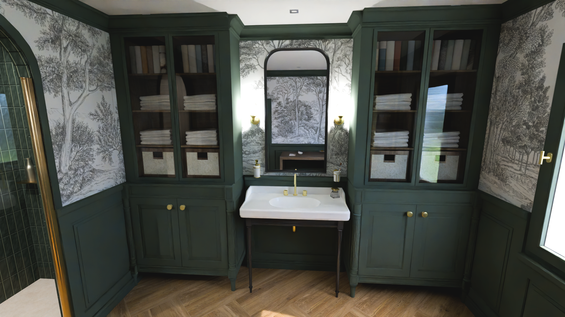 Salle de bains atelier de cosmétiques, vue du lavabo, projet premier prix, 3D Cup 2025