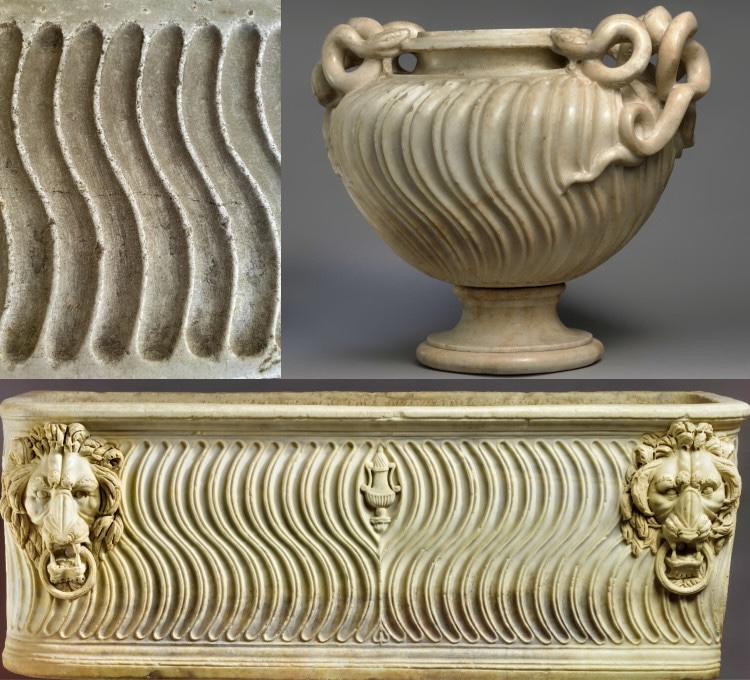Motifs décoratifs sur des objets antiques, évoquant le design du strigile.