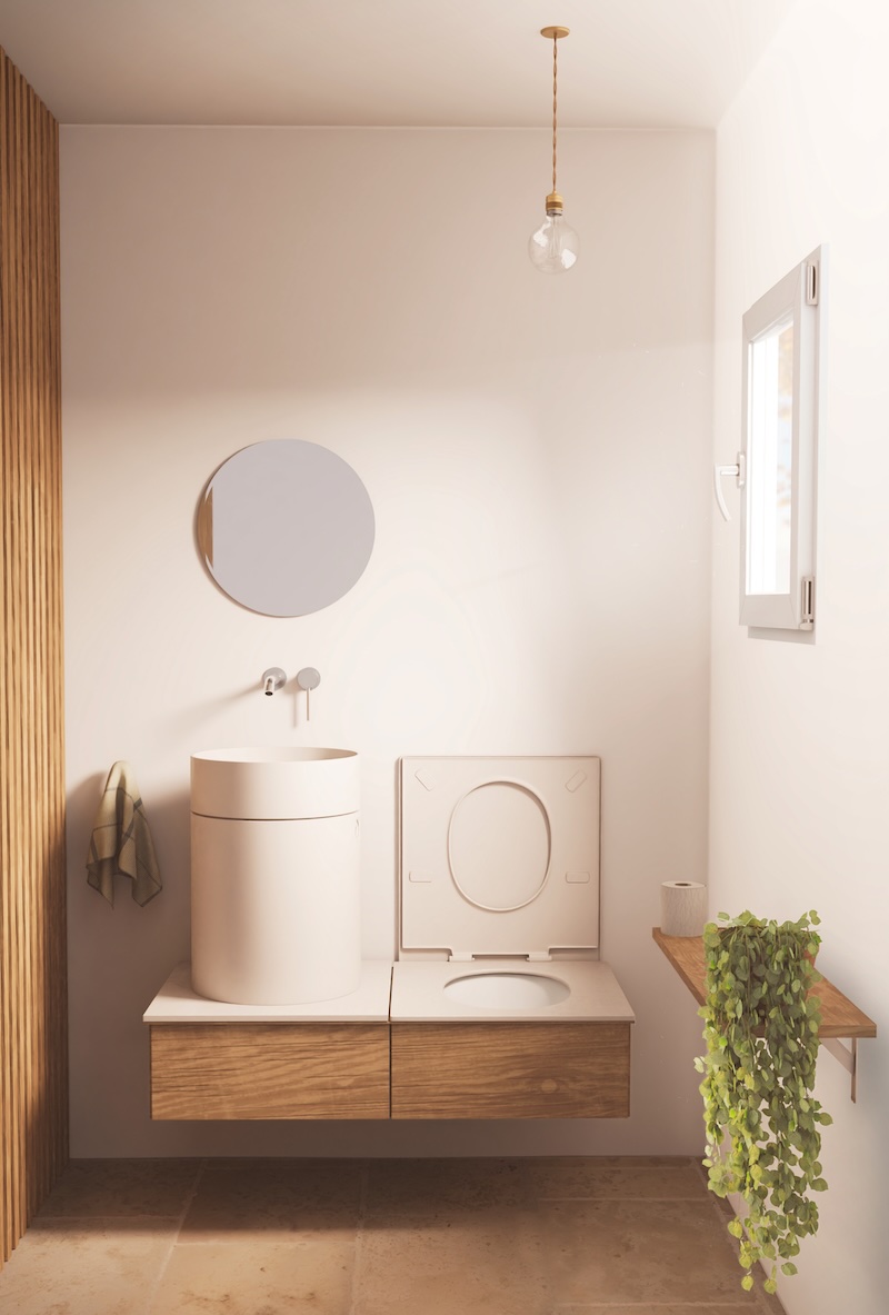 Exemple de toilettes écolo avec un WC à récupération d'eau du lave-mains