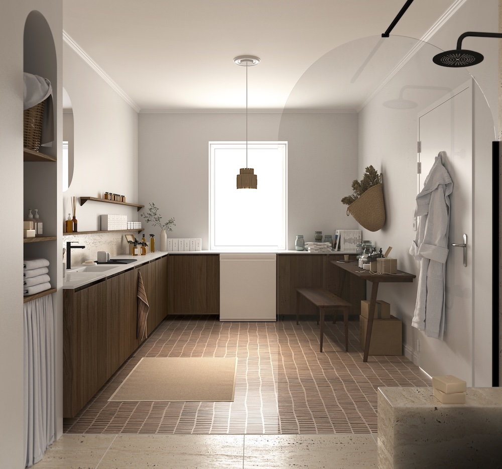 Ambiance contemporaine et nature dans salle de bains atelier de fabrication de cosmétiques.