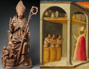 Sculpture en bois de Saint Nicolas, représentation des enfants sortis du bain