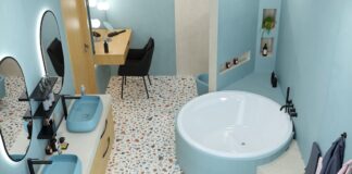 Vue d'ensemble de la salle de bains avec baignoire ronde 3D Cup 2026