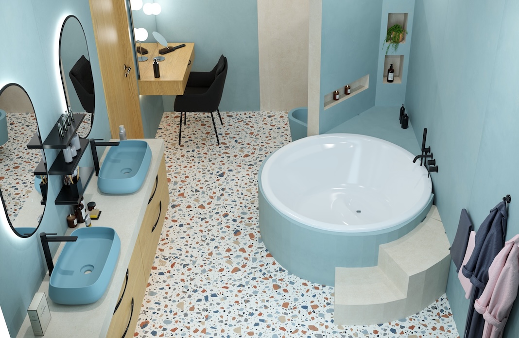 Vue d'ensemble de la salle de bains avec baignoire ronde 3D Cup 2026