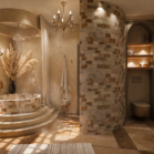 Une salle de bains néo-rustique et son imposante baignoire circulaire