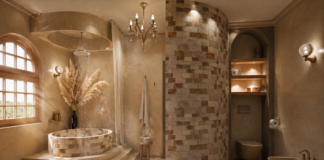 Une salle de bains néo-rustique et son imposante baignoire circulaire