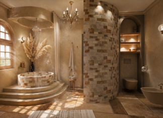 Une salle de bains néo-rustique dont la baignoire-douche est le point d’ancrage Une salle de bains néo-rustique et son imposante baignoire circulaire