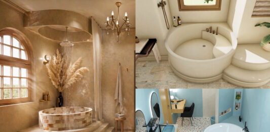 Trois exemples de baignoires rondes dans la salle de bains.