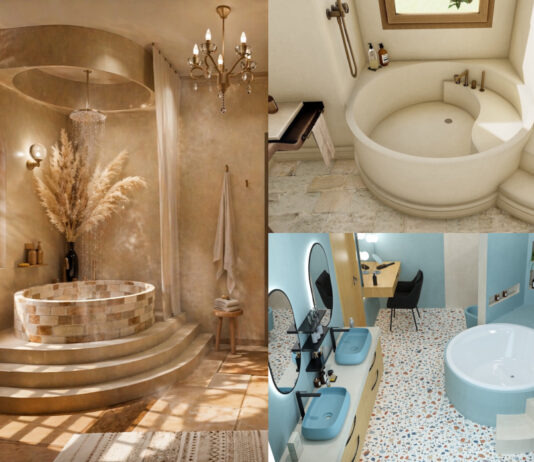 Trois exemples de baignoires rondes dans la salle de bains.