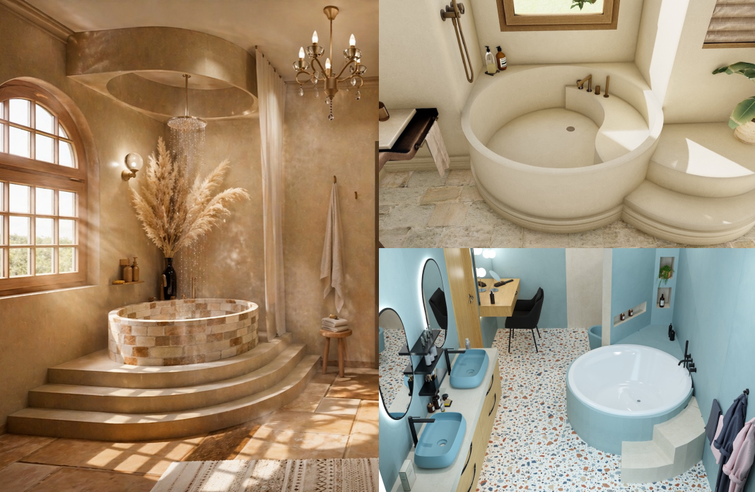 Trois exemples de baignoires rondes dans la salle de bains.